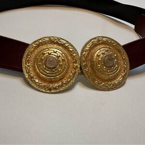 Gay Boyer Burgundy Leather Belt with Round Gold Buckles, S/M